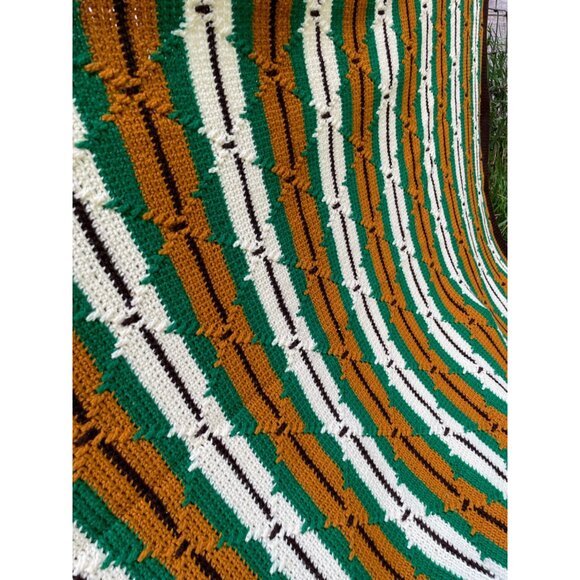 Vintage 1970s Crochet Afghan Blanket Green Brown & Cream Stripes  74x59 - Picture 9 of 14